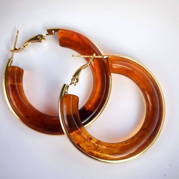 Butterscotch Resin Hoop Earring With Gold Plated Outline 1.64in - Picture 2 of 14